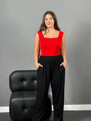 Siyah Yüksek Bel Cepli Viskon Penye Pantolon