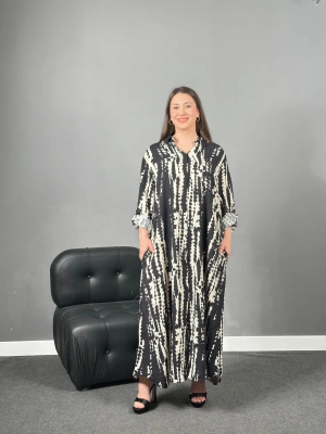 Siyah Krem Viskon Gömlek Elbise