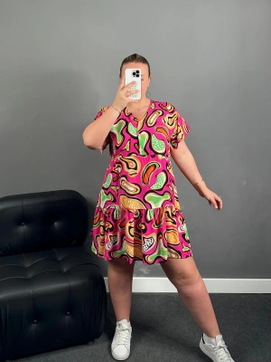 Düğme Detaylı Pembe Yeşil Viskon Elbise