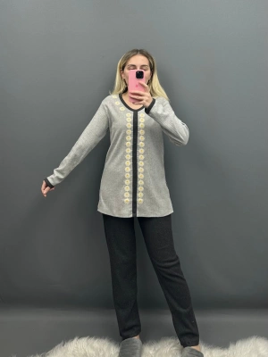 Gri Papatyalı Pamuklu Pijama Takımı