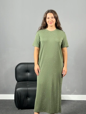 Haki Modal Kumaş Taşlı Elbise