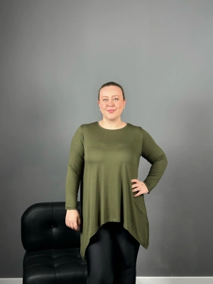 Haki Etek Ucu Asimetrik Penye Bluz