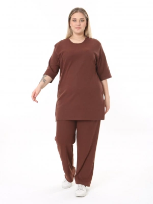Kahverengi Kısa Kol Pamuklu Fitilli Takım