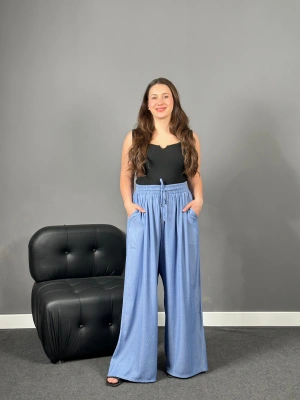 Tensel Kumaş Mavi Yüksek Bel Cepli Pantolon