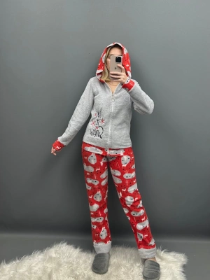 Kapüşonlu Fermuarlı Kırmızı-Gri Welsoft Polar Takım