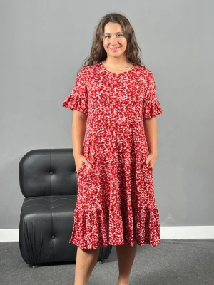 Kırmızı Çıtır Çiçek Cepli Fırfırlı Elbise