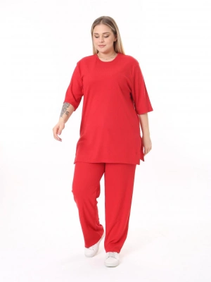 Kırmızı Kısa Kol Pamuklu Fitilli Takım