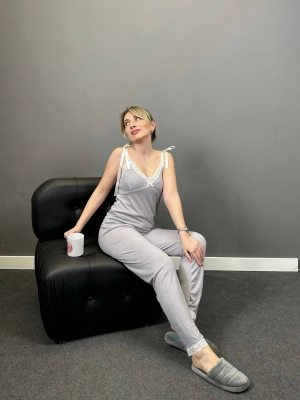 Kurdele Askılı Gri Pijama Takımı