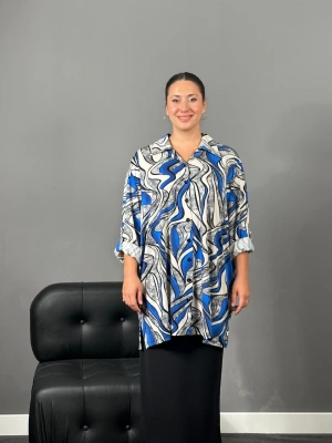 Saks Mavi Su Yolu Desen Viskon Penye Gömlek