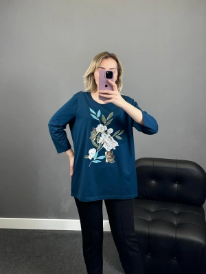 Petrol Yeşili Premium Çiçek Baskılı Bluz