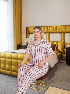 Pembe Siyah Çizgili Premium Kalite Saten Pijama Takımı