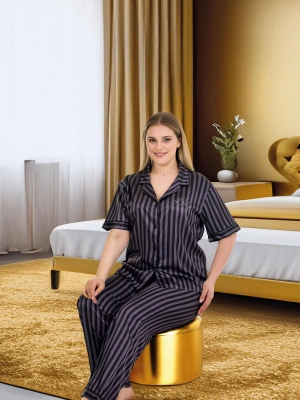 Siyah Çizgi Desen Premium Kalite Saten Pijama Takımı