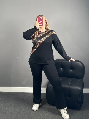 Leopar ve Deri Şeritli Premium Kalite Bluz