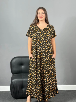 Sarı Çıtır Çiçek V Yaka Cepli Tam Boy Viskon Penye Elbise