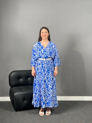 Mavi çiçek desenli Kruvaze Elbise