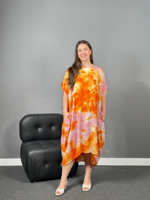Turuncu Pembe Batik Cepli Viskon Elbise