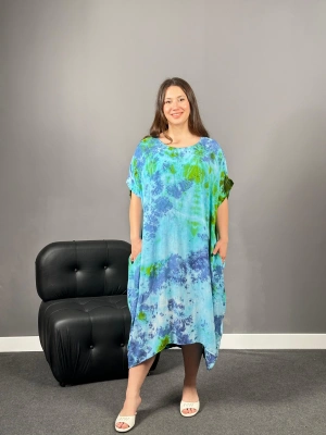 Mavi Yeşil Batik Cepli Viskon Elbise