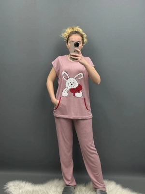 Pembe Kanguru Cep Kısa Kol Likralı Pijama Takımı