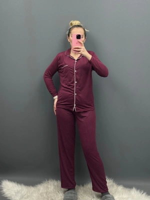 Mürdüm Puantiyeli Penye Pijama Takımı