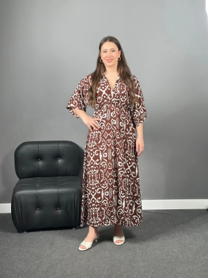 Acı Kahve Etnik Desen Kruvaze Elbise