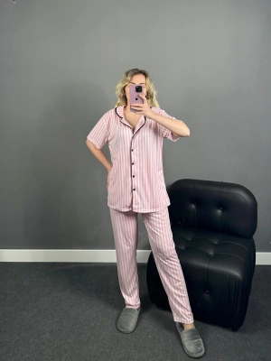 Pembe çizgili Pamuklu Gömlek Model Pijama Takımı