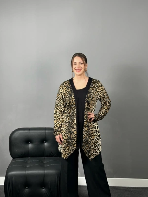 Premium Kalite Kahverengi Leopar İkili Hırka Bluz Takım