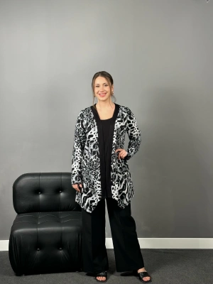 Premium Kalite Gri Leopar İkili Hırka Bluz Takım