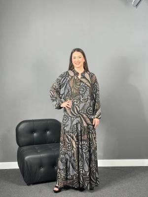 Şal Desen Haki Kat Kat Elbise