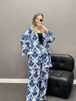Saks Mavi Desenli Kimono Pantolon Takım