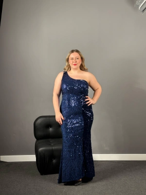 Lacivert Tek Omuz Pul Payet Likralı Abiye Elbise