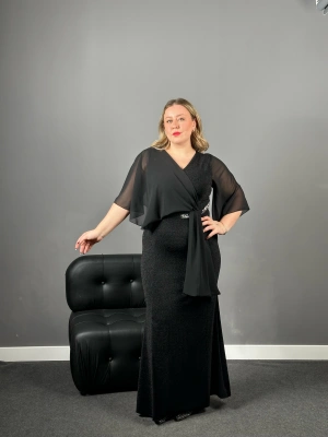 Siyah Şifon Detaylı Likralı Abiye Elbise