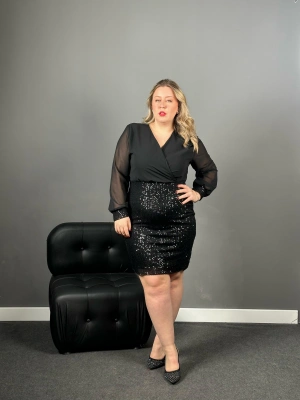 Şifon Kruvaze Yaka Pul Payet Abiye Elbise