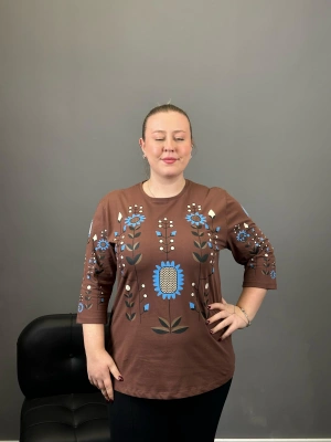 Kahverengi Etnik Baskılı Bluz
