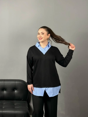 Siyah Mavi Detaylı Gömlek Görünümlü Bluz