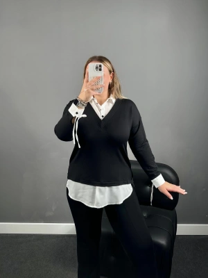 Siyah İki İplik Beyaz Gömlek Görünümlü Bluz KB