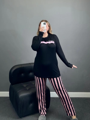 A Kalite Siyah Pembe Çizgili Cepli Pijama Takımı
