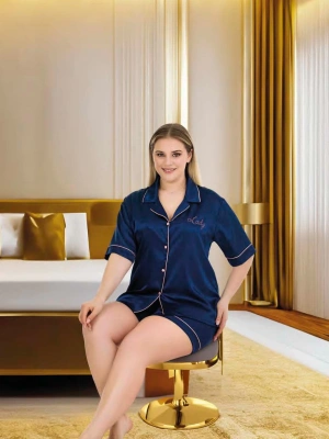 Lacivert Premium Kalite Saten Şortlu Takım