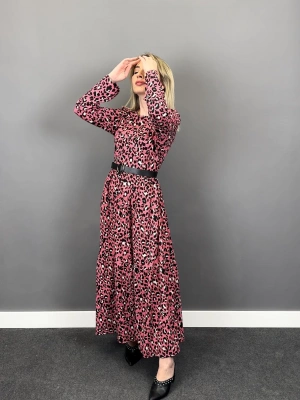 Pembe Leopar Gofre Kumaş Elbise