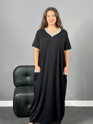 Siyah Ribanalı Tam Boy Viskon Penye Elbise