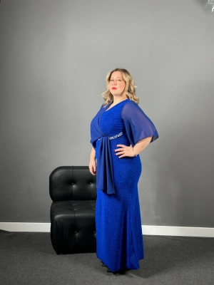 Saks Mavi Şifon Detaylı Likralı Abiye Elbise