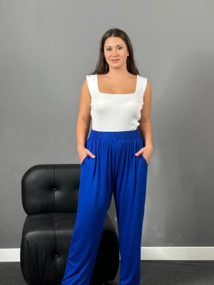 Saks Mavi Yüksek Bel Cepli Viskon Penye Pantolon
