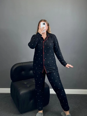 Süet Lacivert Yıldız Desen Büyük Beden Pijama Takımı