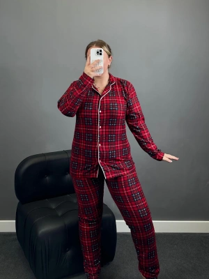 Süet Kırmızı Ekose Desen Büyük Beden Pijama Takımı