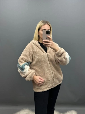 Sütlü Kahve Beli Lastikli Fermuarlı Peluş Ceket
