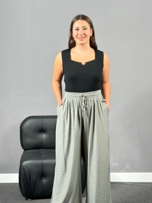 Tensel Kumaş Su Yeşili Yüksek Bel Cepli Pantolon