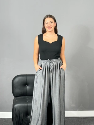 Tensel Kumaş Gri Yüksek Bel Cepli Pantolon