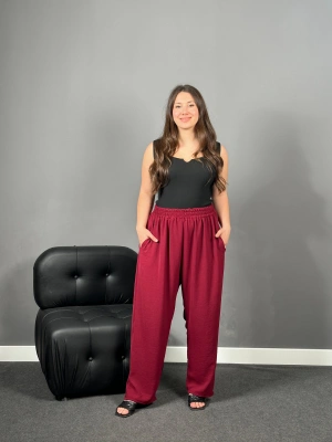 Bordo Yüksek Bel Cepli Ayrobin Pantolon