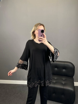 Tül Detaylı Gümüş Varak Bluz