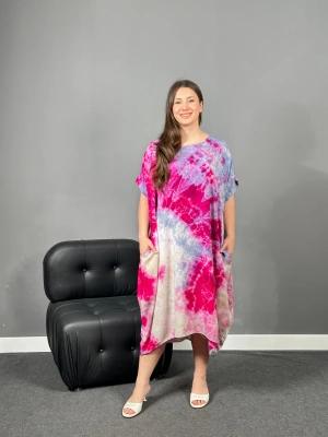 Mor Fuşya Batik Cepli Viskon Elbise