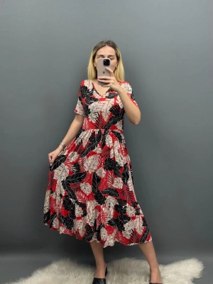 V Yaka Belden Büzgülü Kırmızı Yaprak Desen Elbise